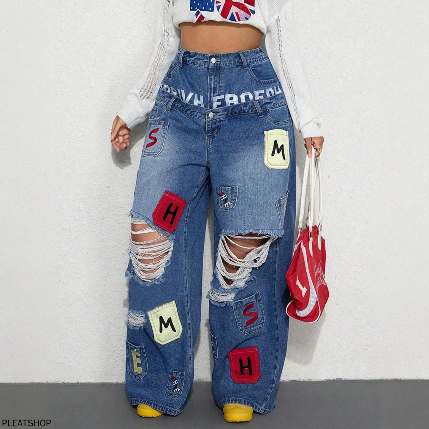European and American High Street Ripped Jeans Women Double Waist Letter Patch Wide Leg Pants Floor Mopping Pants Loose Straight