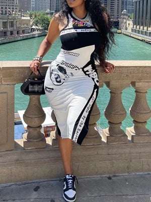 STYLISH LADY Letter Printed Hip Hop Dress 2025 Summer Women Sleeveless O Neck Bodycon Sexy Club Midi Split Vestidos De Festa