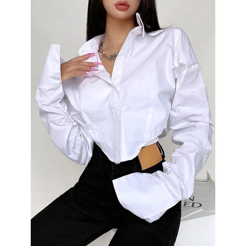 Zadily 2025 Summer Korean Style Long Sleeve White Shirt Women Sexy Button Ladies Crop Tops Blouse Street New In Female Clothing