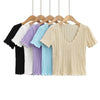 Damen V-Ausschnitt gestricktes Häkel-T-Shirt mit