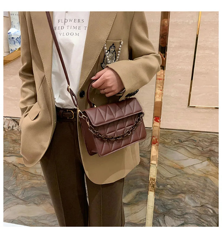 Solid Plaid Crossbody Bags For Women, Chain Decor Fashion Shoulder Bag Ladies Handbag For Daily Used