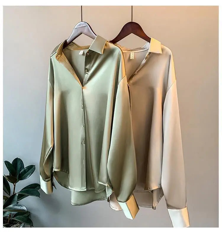 1pcs Woman Spring Autumn Satin Shirt Lady Long Sleeve Lapel Blouses Cardigans Elegance Sweet Casual Coats Girl Sunscreen Top