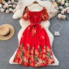 YuooMuoo Fashion Sommer Blumenmuster Langes Kleid Damen Vintage Eckiger Ausschnitt Geraffte Brust Schärpe Bandage Sundress Party Kleider
