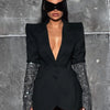 Sexy V Neck Long Sleeve Blazer With Rhinestone Sleeve Women Black Diamond Patchwork Slim Jacket Evening Party Club Cocktail Coat