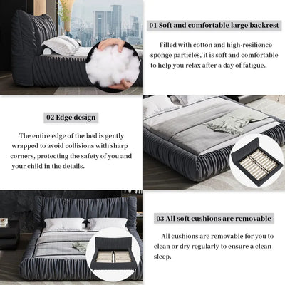 Gepolstertes King-Size-Plattformbett mit extra großem, gepolstertem Kopfteil, luxuriöses Soft-Cloud-Bettgestell für das Schlafzimmer
