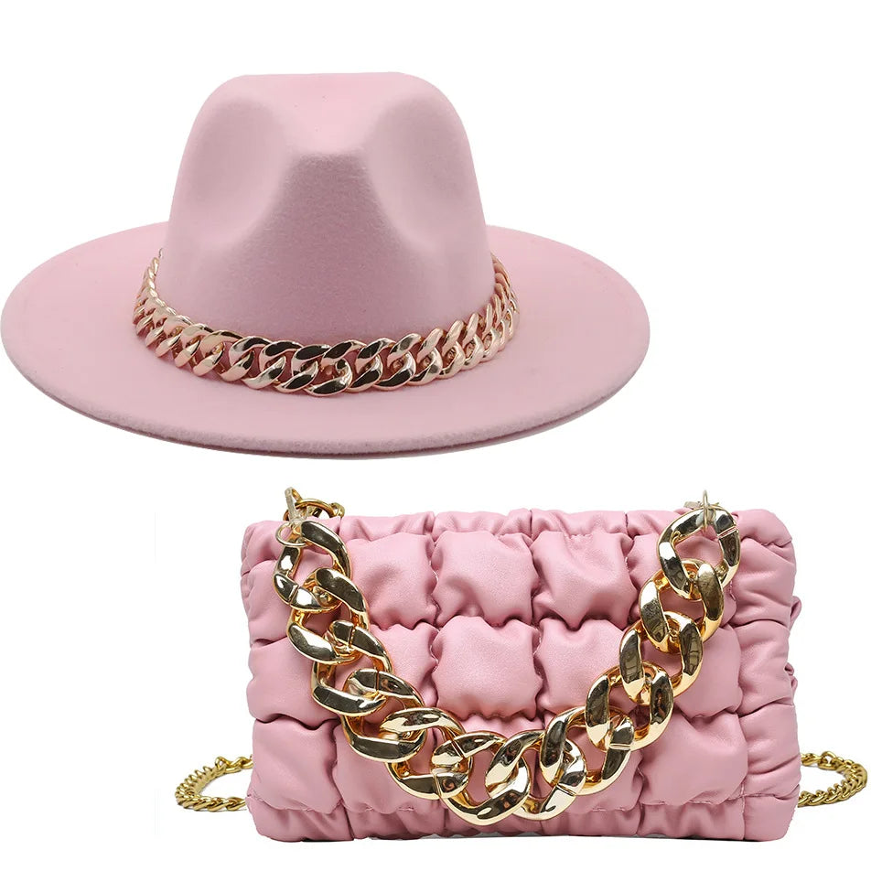 Set Straw Hat and Bag Set Gold Chain Bag Hat Set Ladies Leather Bag Tote Church Fedora Party Jazz Straw Hat