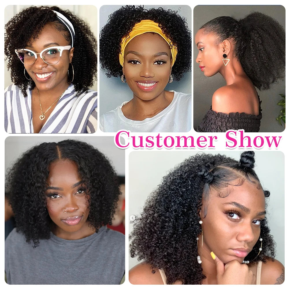 Glueless Half Wigs Human Hair Kinky Curly Headband Wig Upgrade 3 IN 1 No Lace Wig With Drawstring Seamless Clip Ins Flip Over