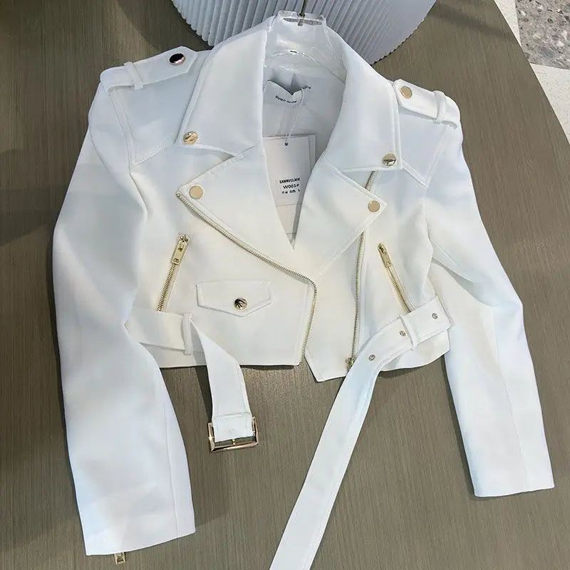 Korean version of the long-sleeved motorcycle jacket jacket women's spring and autumn new fashion temperament Joker suit collar
