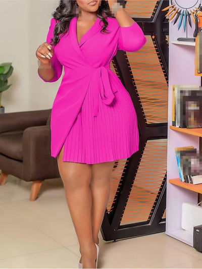 Damen Einfarbig Große Größen Falten Kleid Stehkragen Plissiert Blazer-Stil Kleid Büro Vintage Sexy Lady Gürtel Party Eng Kurzes Kleid für Kurvige Figuren
