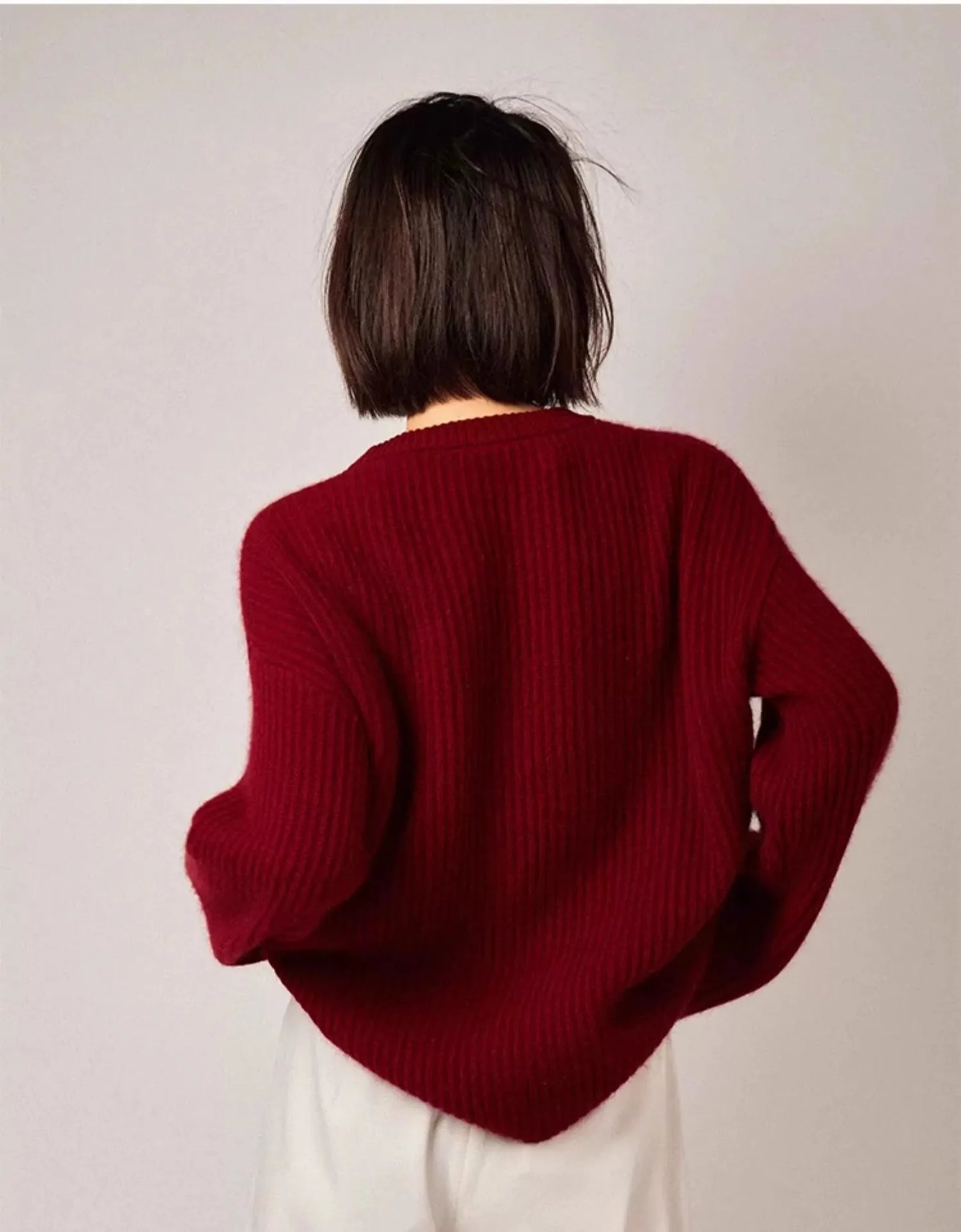 Rollkragenpullover 100% Kaschmir Pullover Damen lose verdickend Anti-Aging Nische Vintage Roter Rundhals-Pullover Damen Langarm