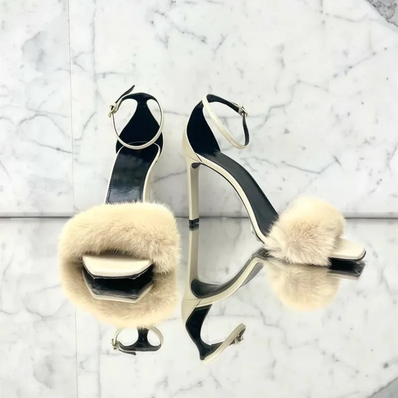 2025 Frühling Neu Nerzhaar High Heels Ein-Wort-Sandalen Eckige Zehen Stiletto Damenschuhe
