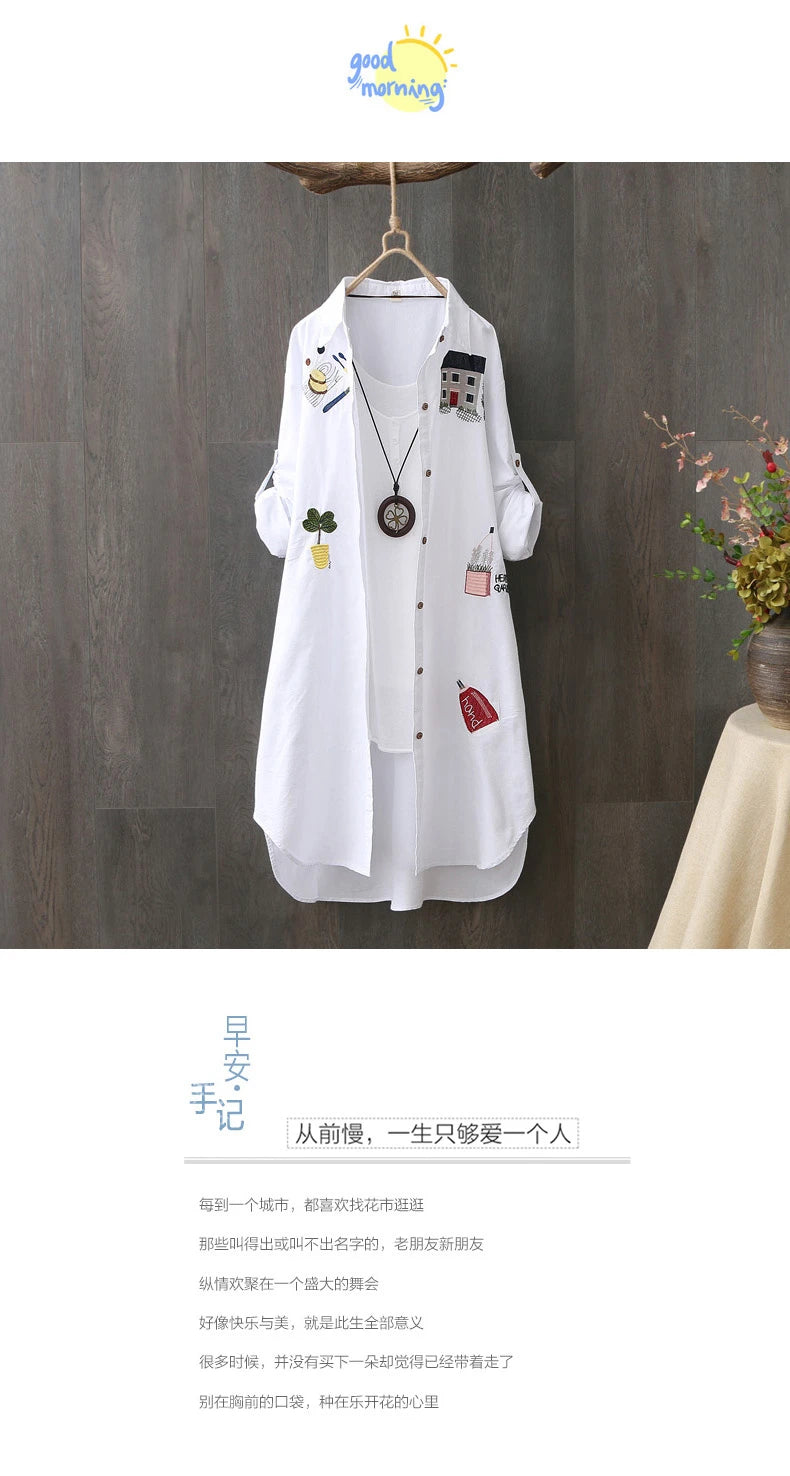 Women Cotton Embroidery Loose Long White Shirts 2025 Spring Autumn New Casual Office Lady Blouse Female Top Loose shirt