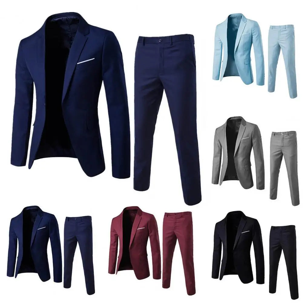 1 Set Stylish Formal Suit Temperament Men Pants Turndown Collar Pure Color One Button Suit Set Daily Wear