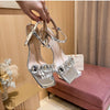 Summer One-word Rhinestone Square Head Sandals Women's Stiletto Open-toed Crystal Gemstone High Heels