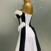 2025New Women Flower Decoration Strapless Black White Stripe Bandage Short Dress Cocktail Party Elegant Evening Club Party Dress