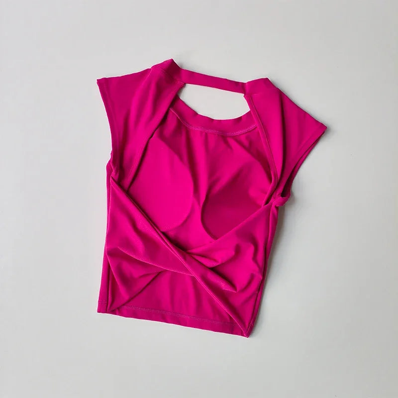 Sexy Kurzes Rückenfreies Sport-T-Shirt mit festem Brustpolster Damen Eng Anliegendes Schnell Trocknendes Schlankmachendes Yoga-Top