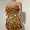 Sparkly Gold Rhinestone Sequins Sexy Strapless Mesh See Through Mini Dress Women Eveing Birthday Party Nightclub Stage Costume