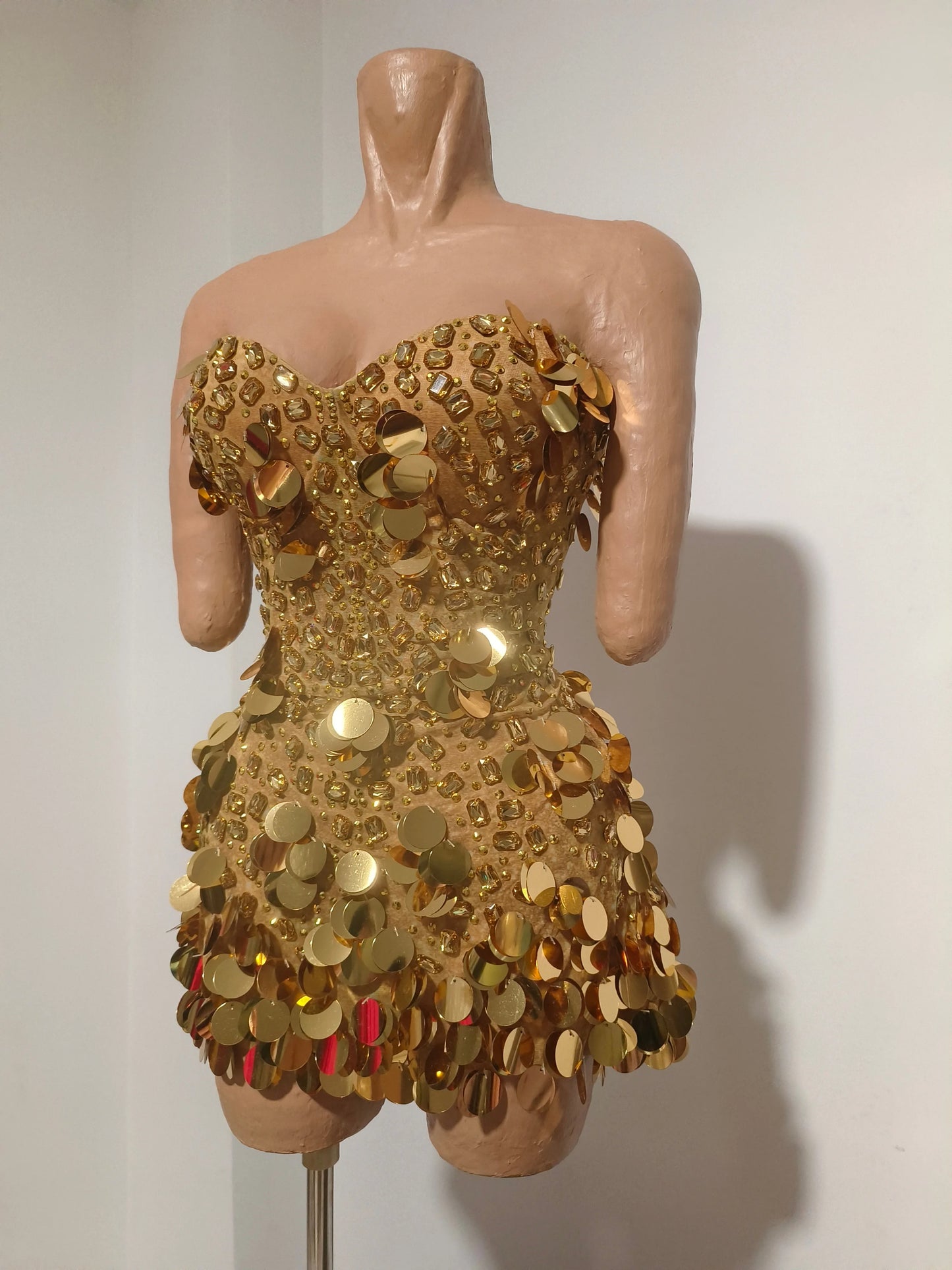 Sparkly Gold Rhinestone Sequins Sexy Strapless Mesh See Through Mini Dress Women Eveing Birthday Party Nightclub Stage Costume