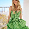 Green Strapless Dress With Sequins And Large Bow On Waist Fluffy Layers Add Volume And Elegance Perfect For Special Occasions