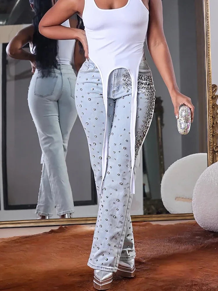 Damen Perlen Jeans Hohe Taille Schmal Frühling Lässige Denim Hose Vintage Mode 2024 Streetwear Straight Jeans Hosen 2024