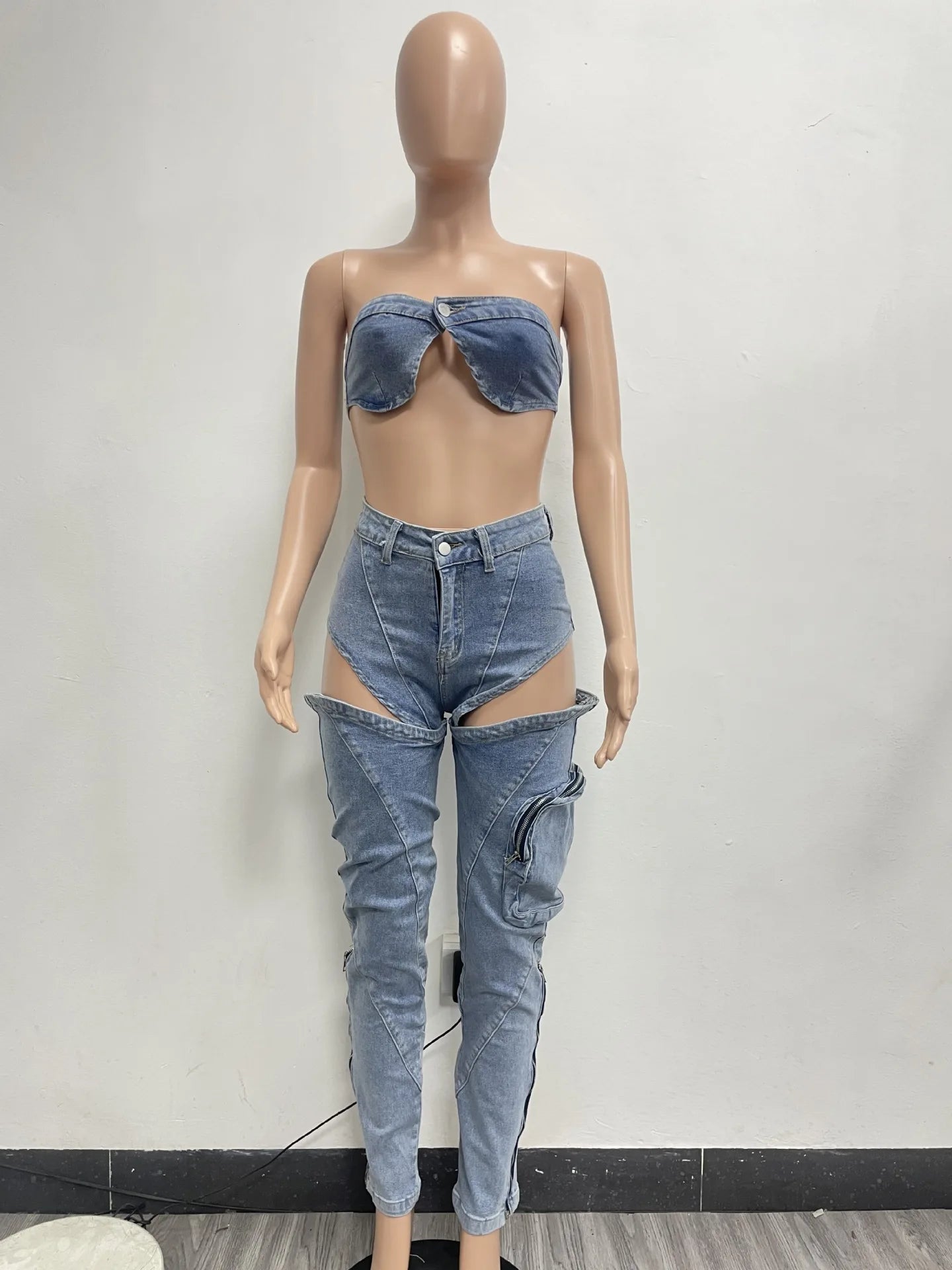 Jeans-Sets für Damen 2024 Sexy Streetwear Zweiteilige Outfits Brustwickel Ärmelloses, rückenfreies Top Ausgeschnittene Jeans