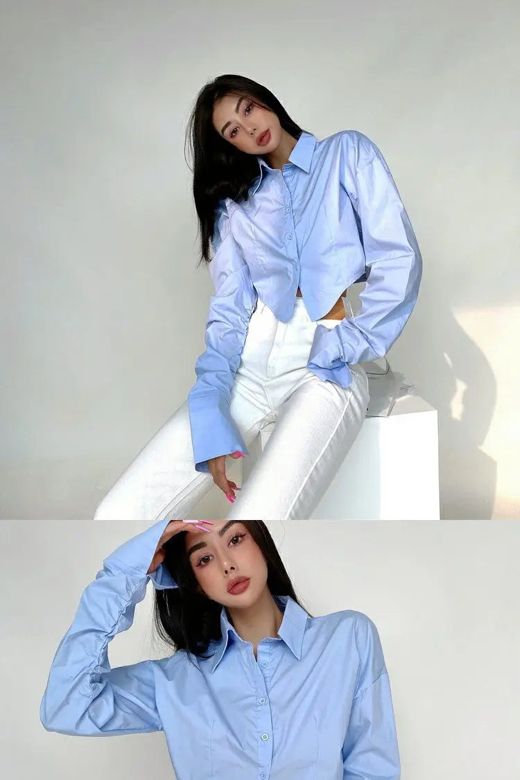 Zadily 2025 Summer Korean Style Long Sleeve White Shirt Women Sexy Button Ladies Crop Tops Blouse Street New In Female Clothing