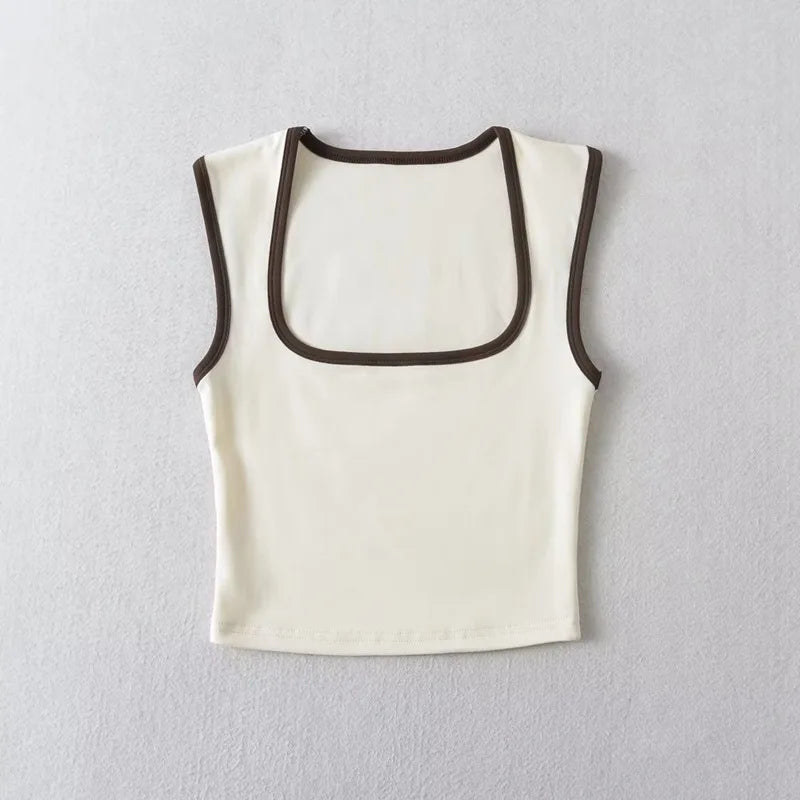 Woman Fashion Slim Solid Contrust Camis Casual Sleeveless Tanks Square Collar Crop Tops Clothing Streetwear Mujer 2024 Y2k