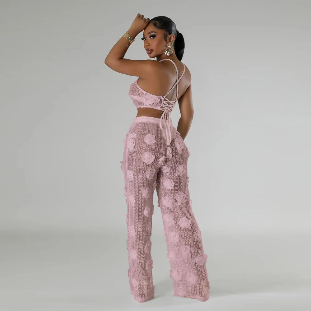 Women Two Piece Pant Sets Sexy Hollow Out Vest Sleeveless Tanks Tops Splice Long Pants Drawstring Streetwear Summer 2025