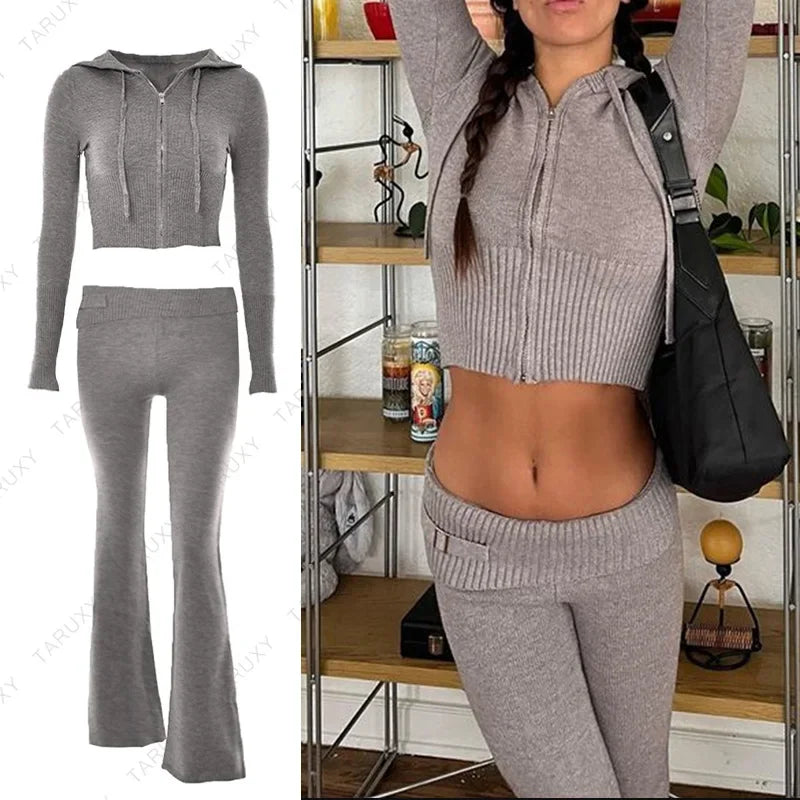 TARUXY Women Spring Outfits Casual Zipper Sweater Hoodie Set High Waist Flare Pants Suits Pink Knitted Womens Y2k Two Piece Set