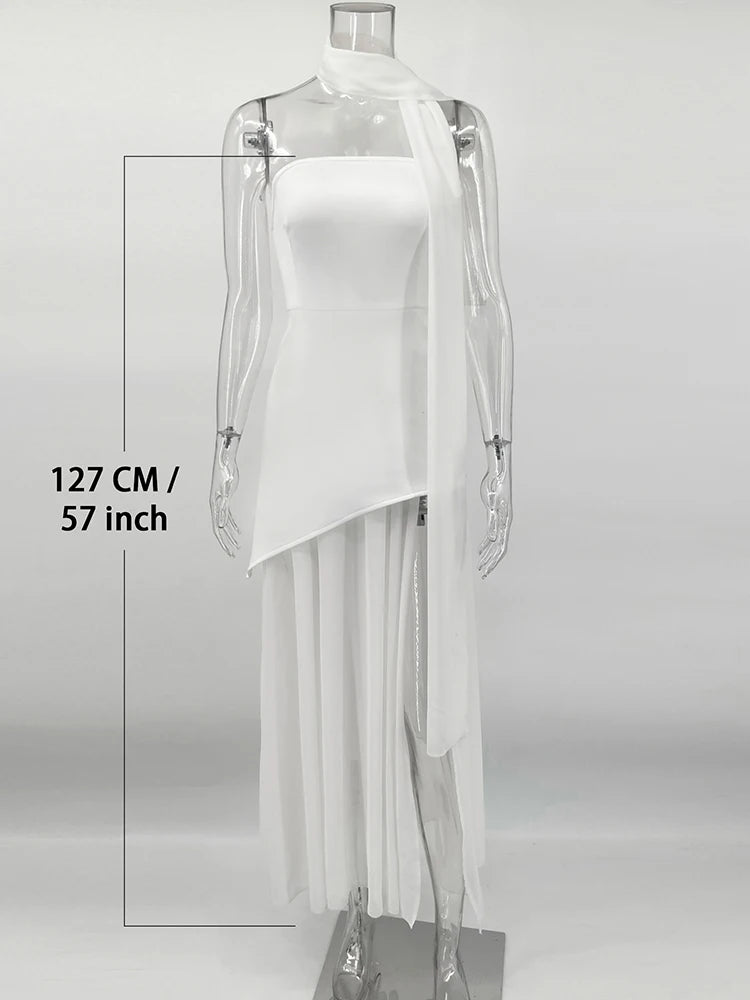 TARUXY Mode Trägerloses Kleid mit Band Frauen Elegantes Ärmelloses Mesh Strand Urlaub Langes Kleid Frühling 2025 Neues Damenkleid
