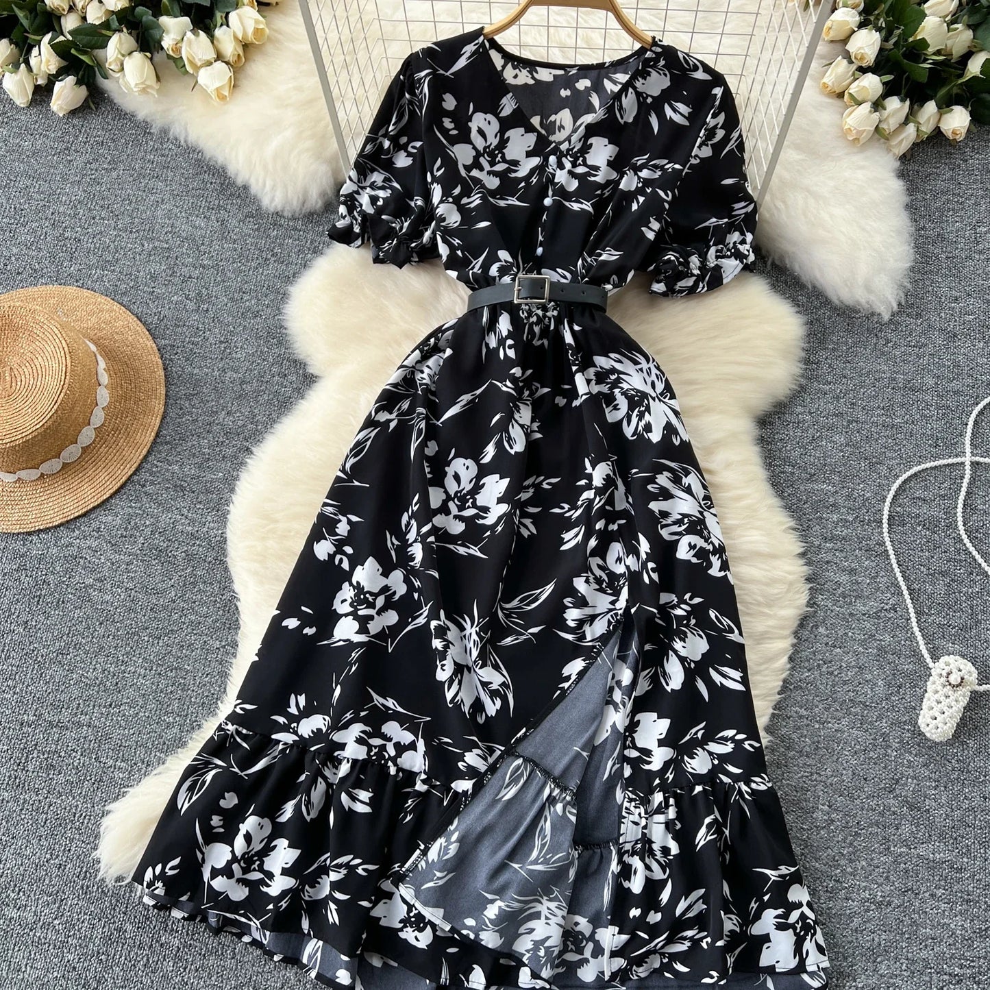 Sommer Plissiert Damen Knopfkleider Lässige Strandurlaub Kurzarm V-Ausschnitt Damen Midikleid Böhmische Mujer Vestidos