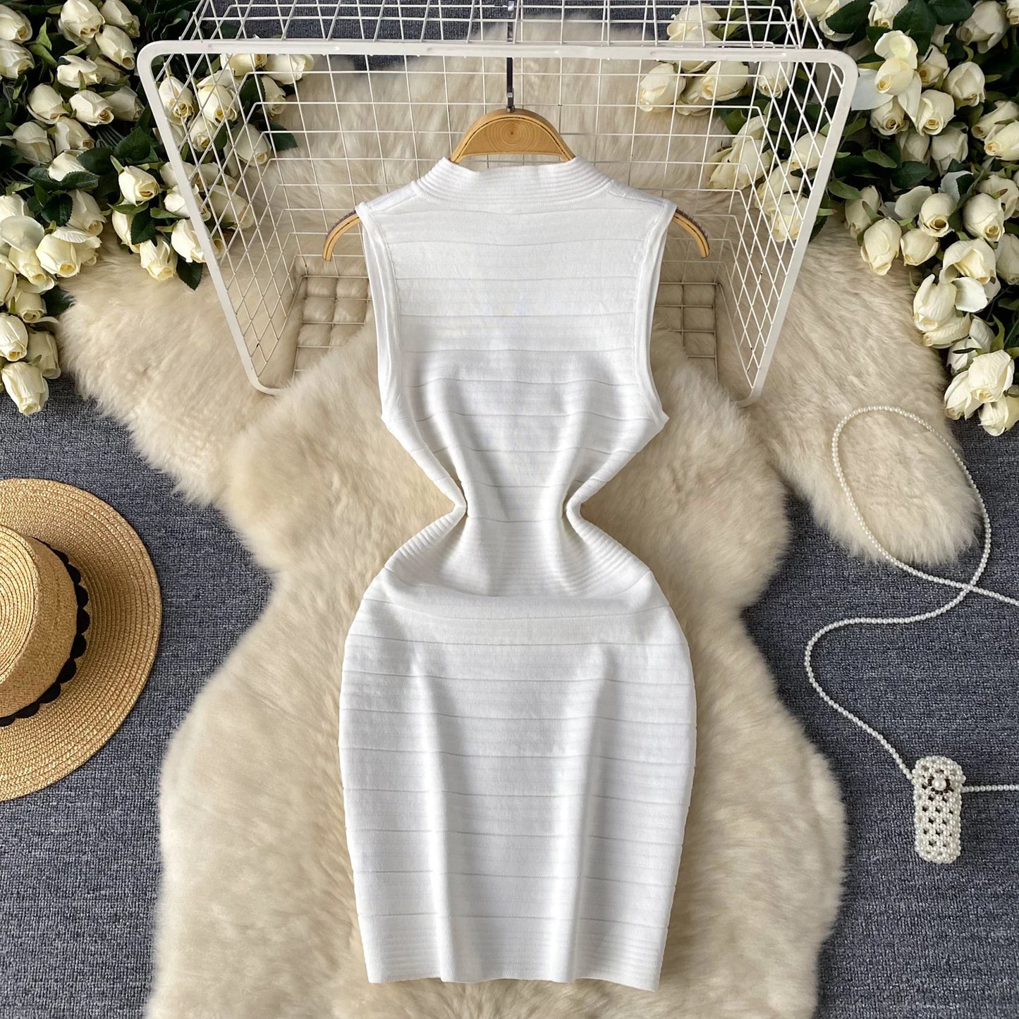 SINGREINY Bodycon Basic Knitting Dress Women Sleeveless V Neck Tank Ladies Elastic Waist Temperament Solid Streetwear Dress