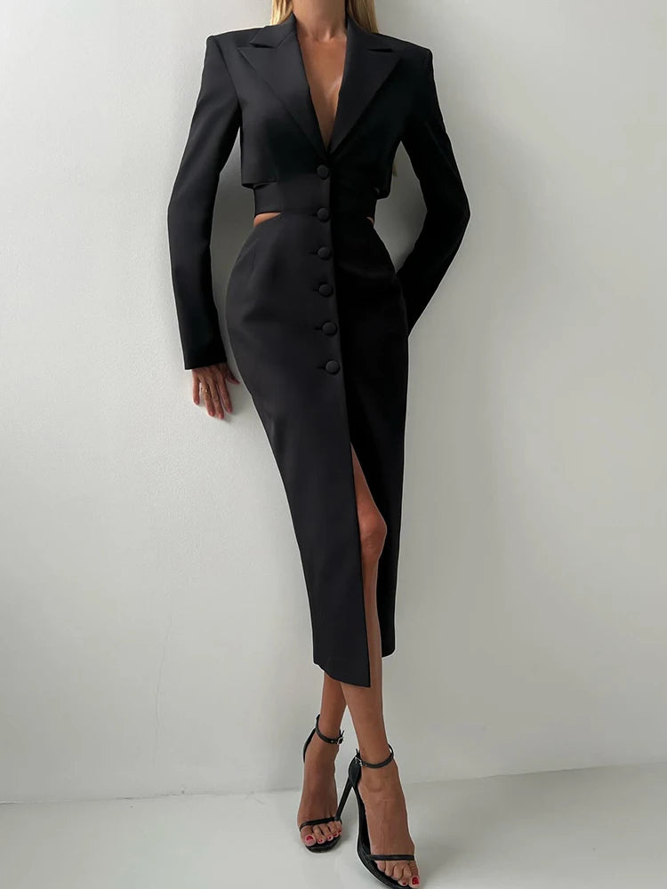 TWOTWINSTYLE Solid Hollow Out Patchwork Belt Blazers For Women Notched Collar Long Sleeve Spliced Single Breasted Blazer Female