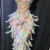Nightclub Party Celebration Sexy Feather Rhinestone Dress Women Elastic Sleeveless Prom High Slit Dress Stage Performance Outfit