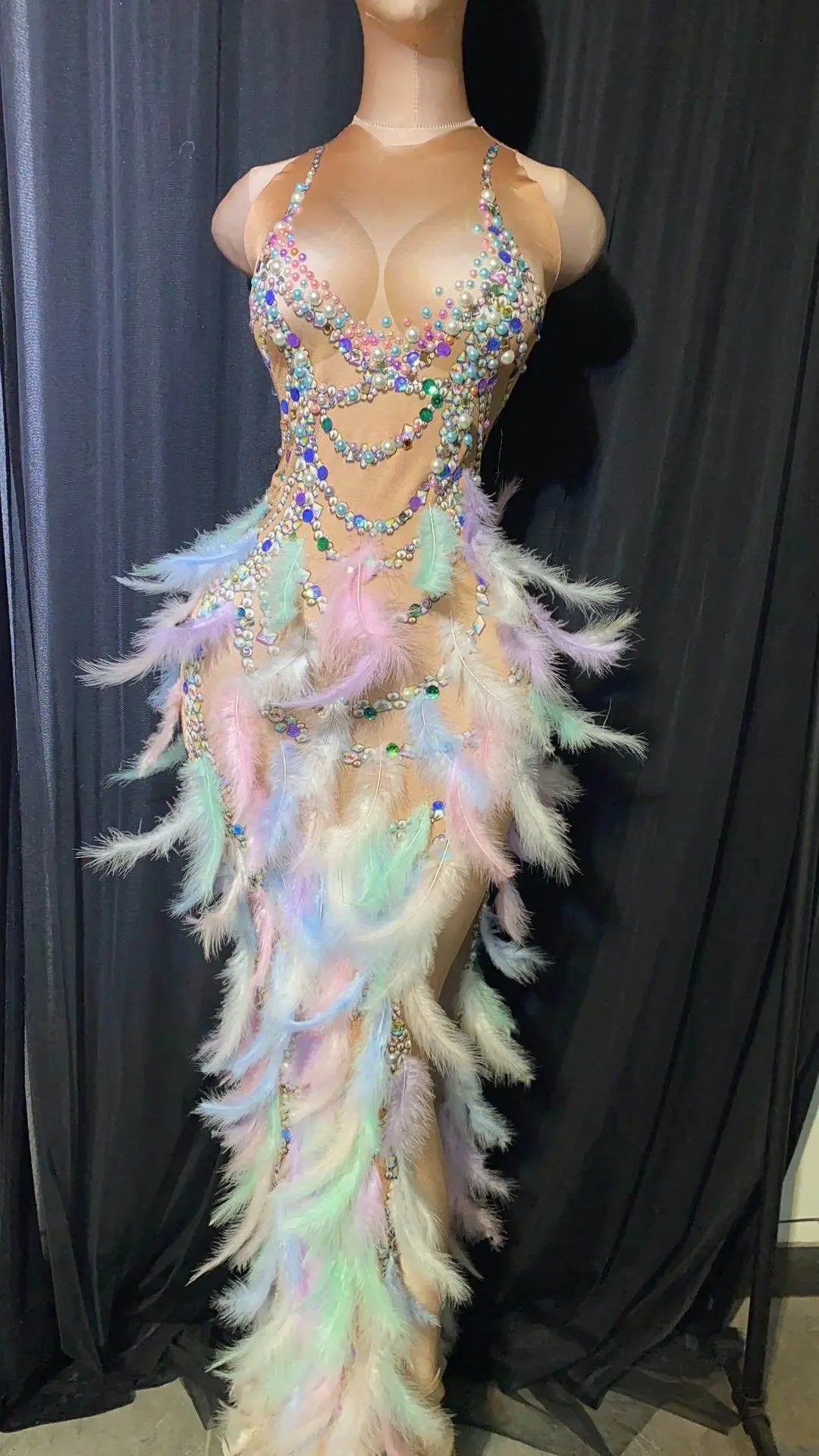 Nightclub Party Celebration Sexy Feather Rhinestone Dress Women Elastic Sleeveless Prom High Slit Dress Stage Performance Outfit