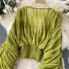 Women Sexy Chiffon Short Blouse Female See Through Super Long Sleeve Blusas Purple/Green/Black/White Folds Party Tops 2022 New