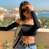 Sexy Off Shoulder Wrap Chest Bare Midriff Short T Shirt Women Long Sleeves Bottoming Shirt Ladies Tee Shirt Tops Camisetas Mujer