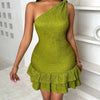 Women's Summer Solid Color One-Shoulder Ruched Hem Slim Fit Elegant Dress