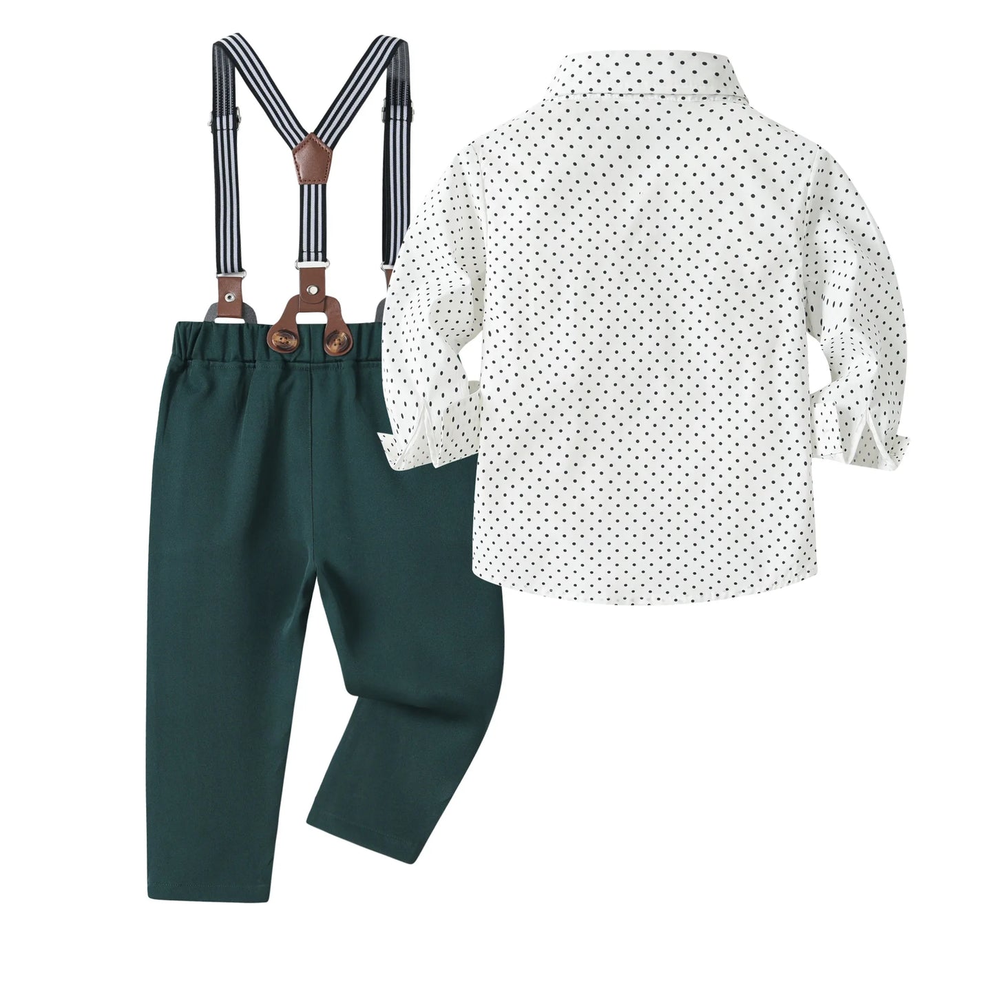 2-6 Years Boy Spring Gentleman Outfit Polka Dot Printed Shirt with Solid Pants Children Suspender Bow Set Birthday Party Costume