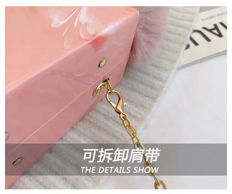 Faux Fur Top Handle Acrylic Party Box Clutch Fashion Purses and Handbags for Women Designer Evening Bag Chain Shoulder Bag