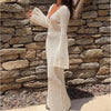 Sexy Women Long Knit Beach Dress Hollow-Out Deep V-Neck Long Sleeve Bikini Cover-Ups Dress Fall Backless Holiday Dress