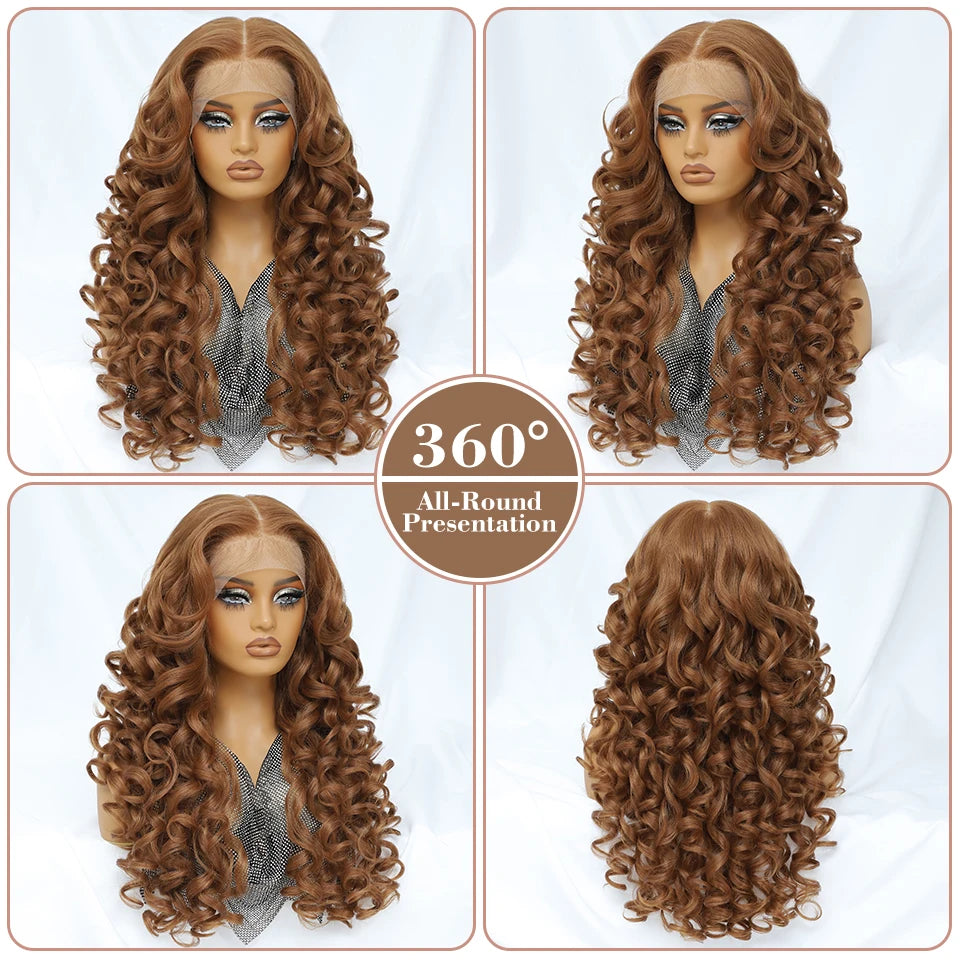 Latisha 13X6 HD Synthetische Spitzenfrontperücke lockig vorgezupfte Lace-Frontal-Perücke mit Pony für Damen, Highlights mit Babyhaar, 24 Zoll