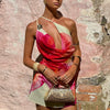 TARUXY Asymmetrisches, sexy bedrucktes Kleid, drapiert, Schwingkragen, Strandurlaub, Minikleid, elegant, ärmellos, Damen, hohe Taille