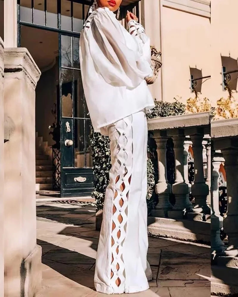 Wmstar Zweiteiliges Set Damen Übergröße Hohl Sexy Jugendlich Alltag Weich Langarm Mode Hosen Weites Bein Großhandel Dropshipping