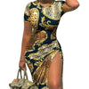 Trendy Printed Slim Midi Dresses Women Fashion Package Hip Bodycon Short Sleeves Drawstring Slit Dress Casual Ladies Streetwear