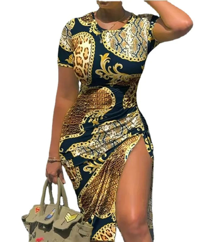 Trendy Printed Slim Midi Dresses Women Fashion Package Hip Bodycon Short Sleeves Drawstring Slit Dress Casual Ladies Streetwear