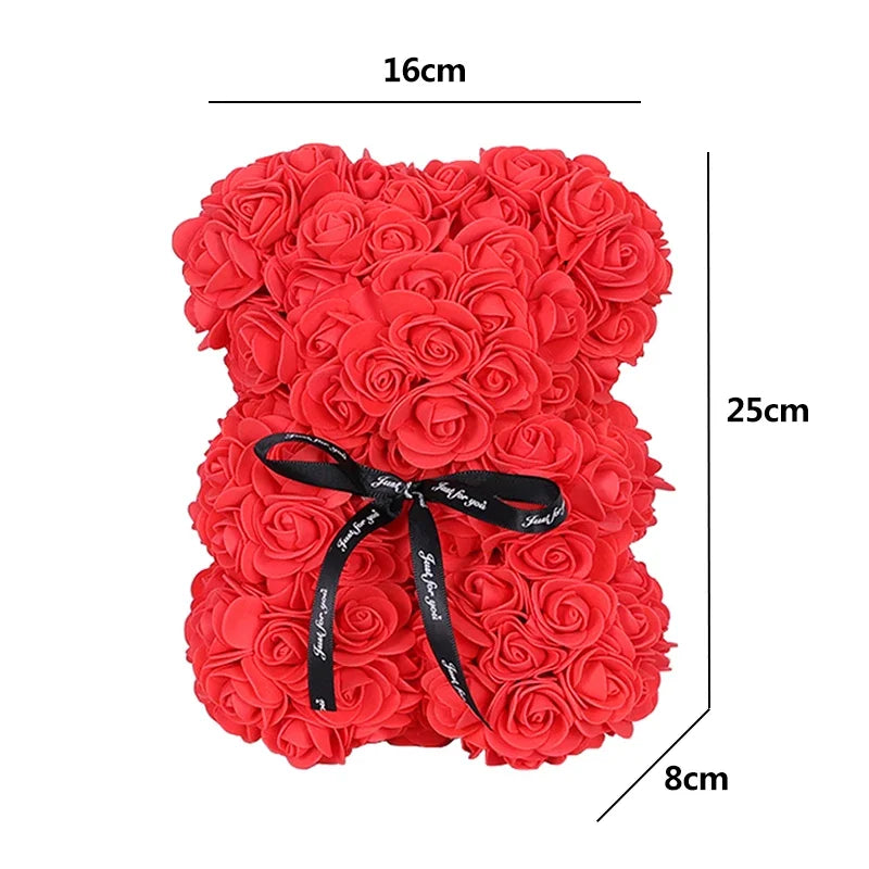 25cm Artificial Teddy Rose Flower Bear with Box Romantic Valentines Day Gift Girlfriend Women Mother Birthday Wedding Party Deco