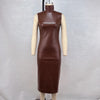 New Fashionable Solid Color Dark Brown High Neck PU Leather Sleeveless Waist Bag Hip Slit Dress For Women
