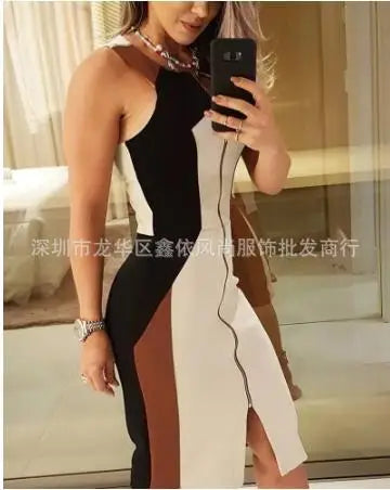 Damenkleid 2024 Elegant Pendler Ärmellos Kontrastfarbenes Paneel Reißverschluss Sexy Hohe Taille Mittellanges Kleid