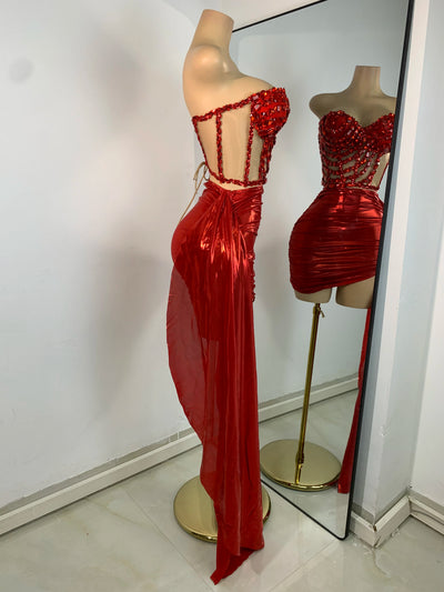 Glitzernde rote Diamanten Asymmetrisches Zweiteiler-Kleid Design 2025 Damen Sexy Neckholder Top Rock Anzüge Tanz-Performance-Outfit